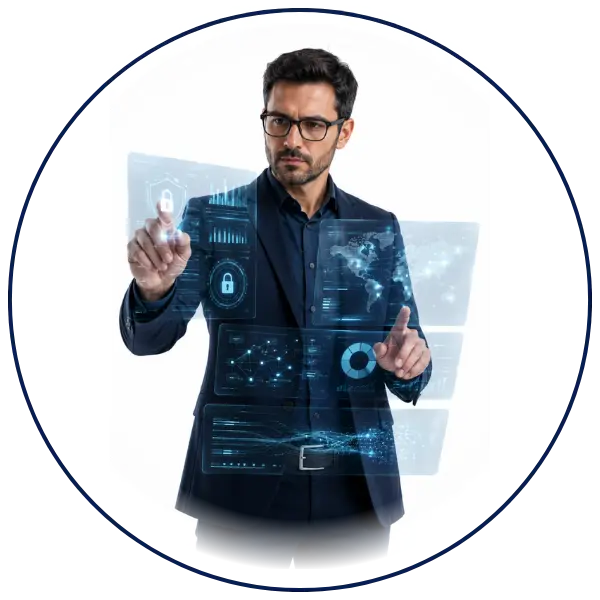 Experto técnico en seguridad de la información y gestión ISO 27001 trabajando con paneles digitales SGSI
