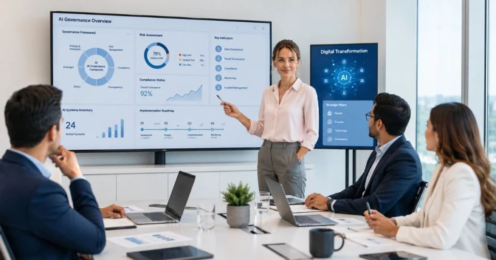 Profesionales implementando gobernanza de inteligencia artificial con certificación ISO 42001 Lead Implementer