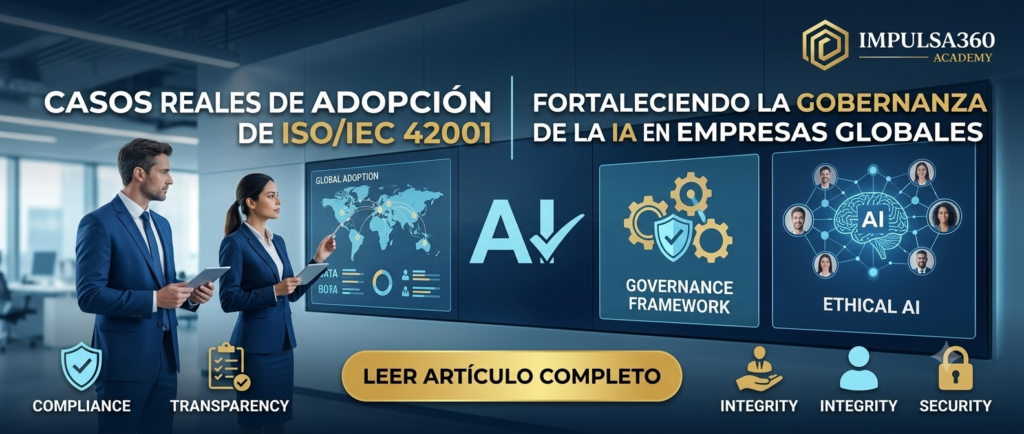 Banner sobre casos reales de adopción de la norma ISO/IEC 42001 y gobernanza de inteligencia artificial en empresas globales - Impulsa360 Academy.
