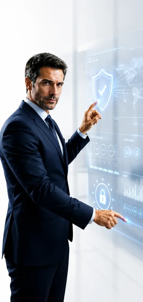 Profesional de ciberseguridad implementando un Sistema de Gestión de Seguridad de la Información (SGSI) conforme a ISO/IEC 27001 mediante paneles digitales de seguridad, gestión de riesgos y cumplimiento normativo.