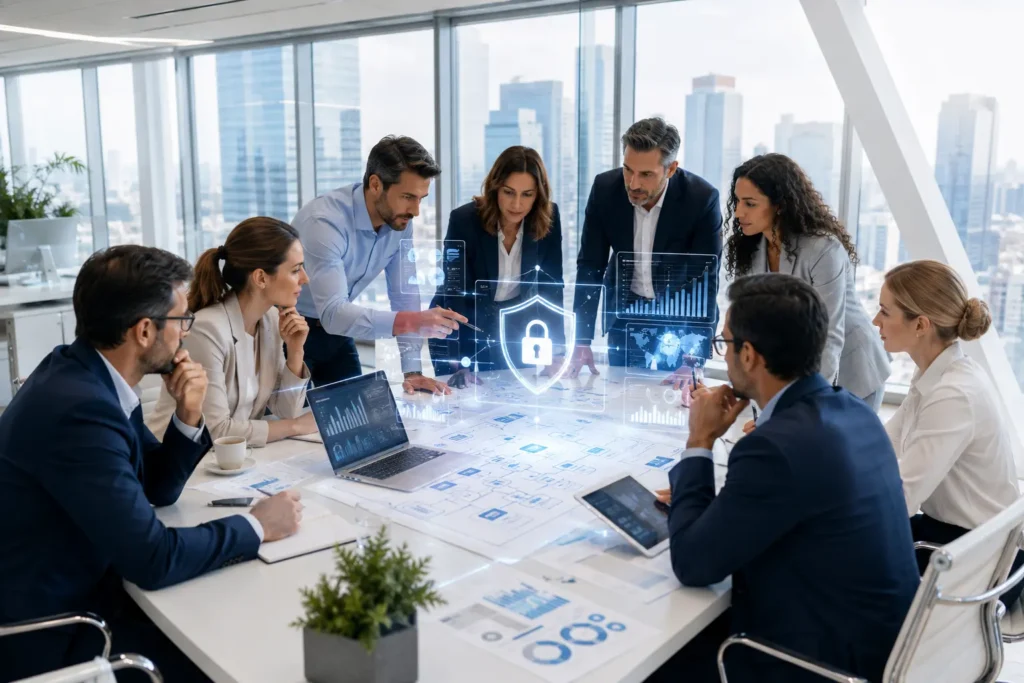 Grupo de profesionales analizando estrategias de seguridad de la información, gestión de riesgos y cumplimiento normativo durante una sesión de implementación de un SGSI basado en ISO/IEC 27001.
