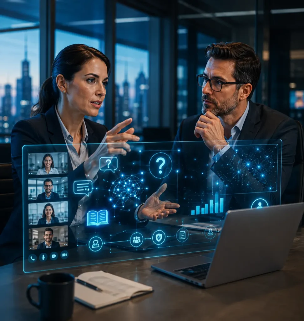 Consultora ejecutiva y especialista en ciberseguridad participando en un webinar profesional con interfaces holográficas, inteligencia artificial y aprendizaje online en Impulsa360 Academy.