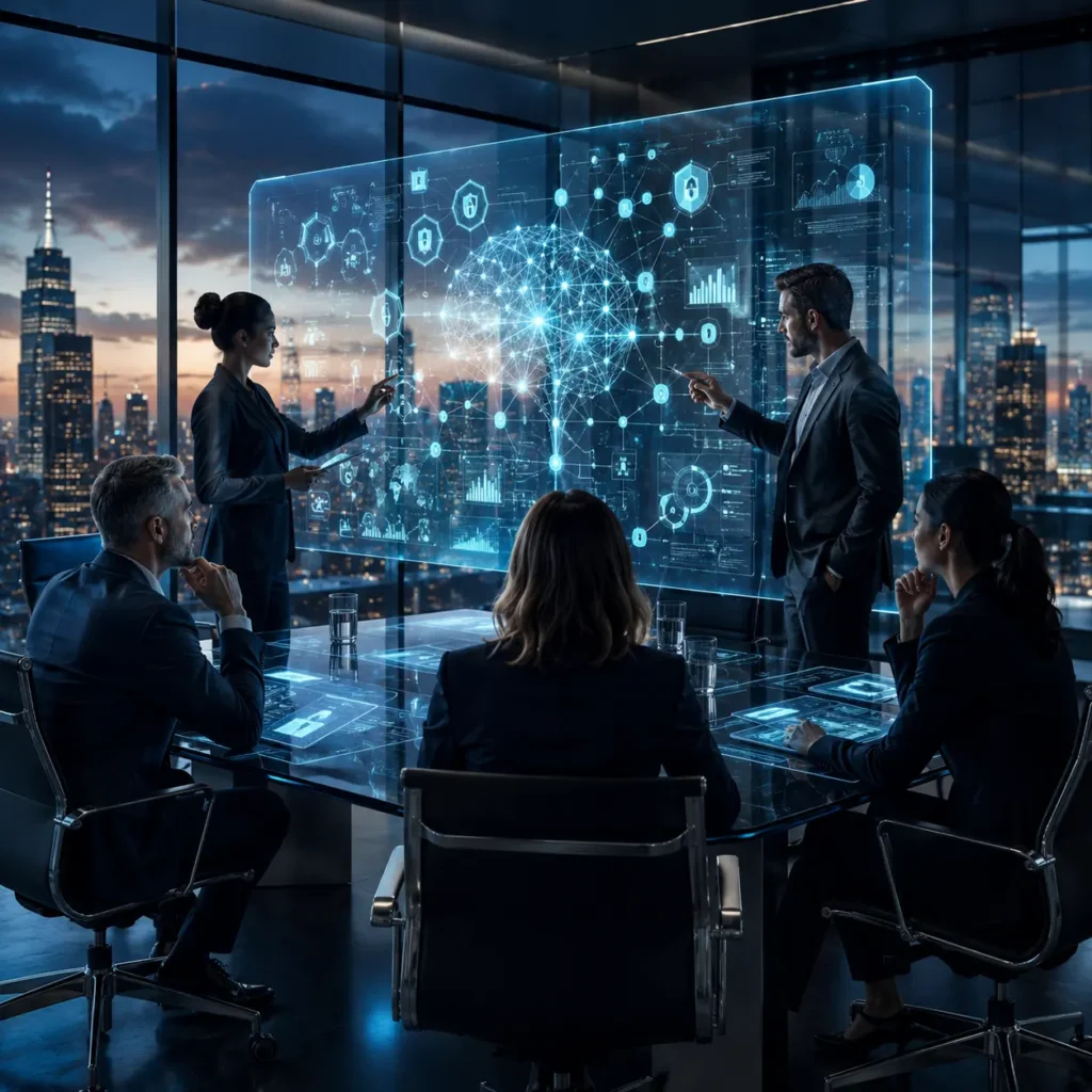 Ejecutivos analizando interfaces holográficas de inteligencia artificial, gestión de riesgos y cumplimiento normativo en un entorno corporativo moderno relacionado con Gobernanza de IA e ISO 42001.